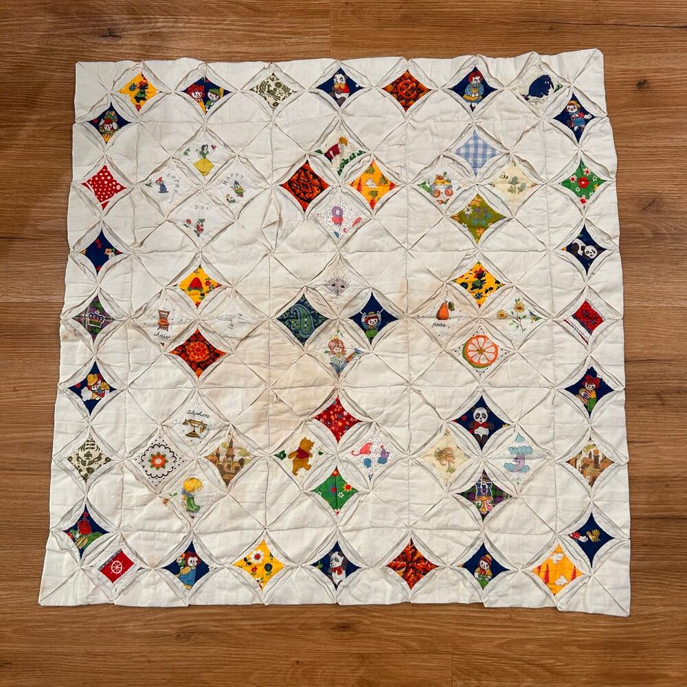 Vintage 70s Cathedral Window Quilt Winnie the Pooh Raggedy Ann Handmade 30x30 -